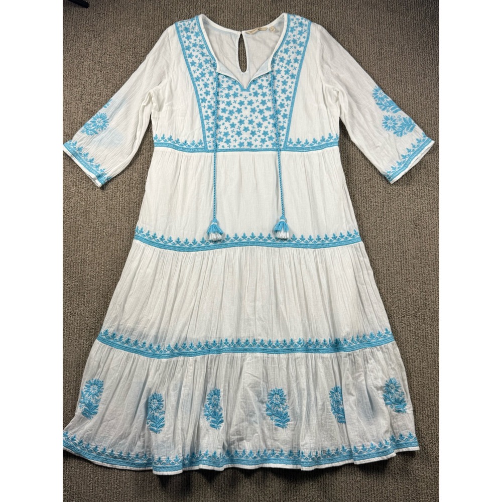 Soft Surroundings Juniper Embroidered Tiered Midi Dress Womens L Blue White